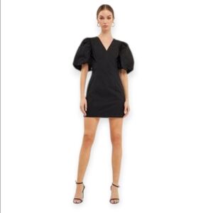 Black Puff Sleeve V-Neck Mini Dress